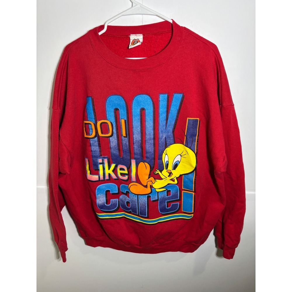 VTG 1997 Looney Tunes Tweety Bird‎ Red Sweatshirt Do I Look Like I Care 22/24W